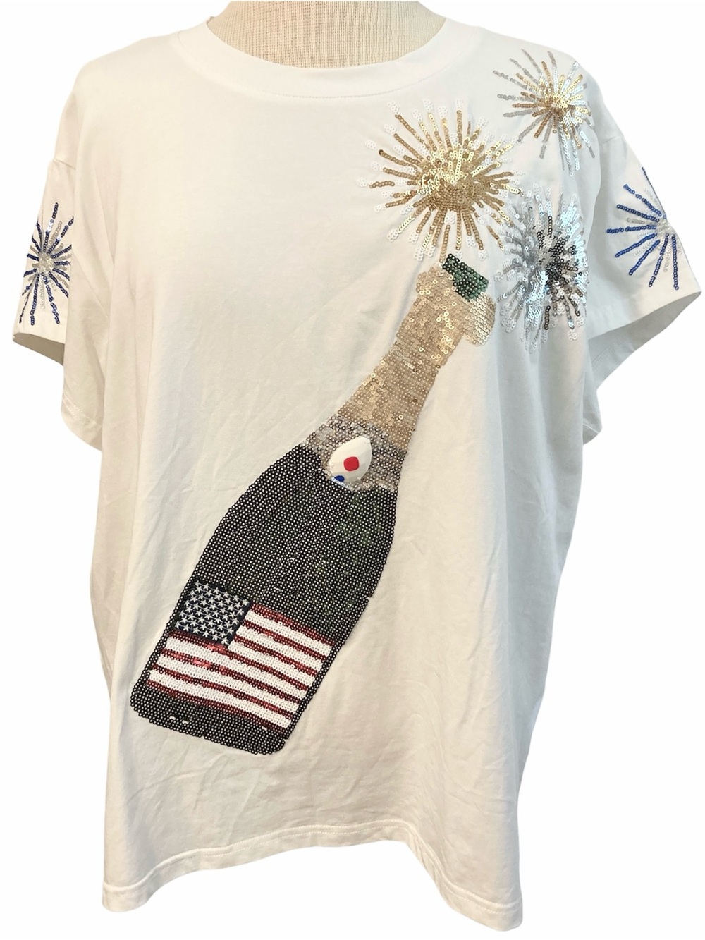 Queen of Sparkles Sequin 4th July Fireworks Flag Popping Champagne Tee Shirt Top